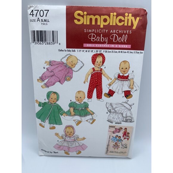 Simplicity Baby Doll Clothes Sewing Pattern  Sz 12" to 22" doll 4707 - uncut - Picture 4 of 4